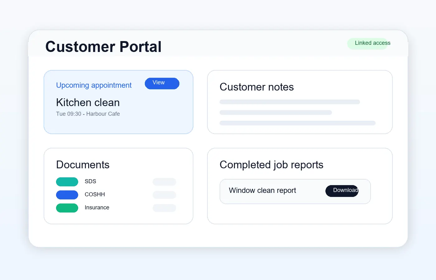 ServiceFlow customer portal showing appointments, customer notes, documents and report download