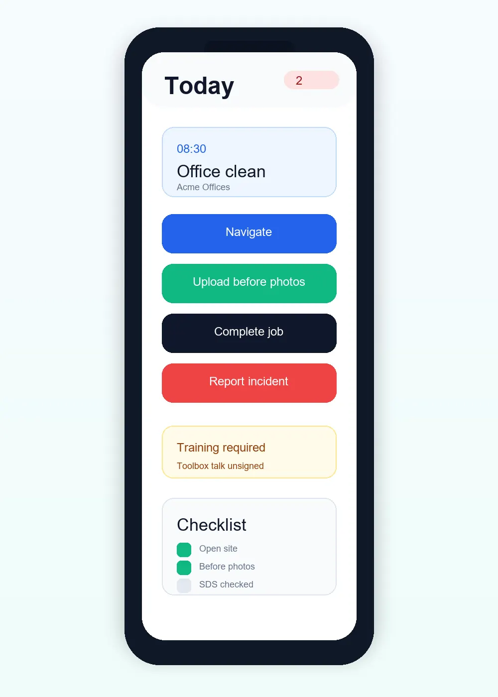 ServiceFlow staff mobile workflow with navigate, upload photos, complete job and training warning actions